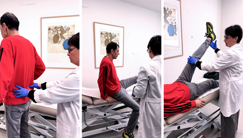 Secuencia de tres fotografías en la consulta médica donde una doctora realiza una exploración física completa a un paciente, evaluando su espalda y realizando estiramientos en la camilla para tratar su dolor crónico.