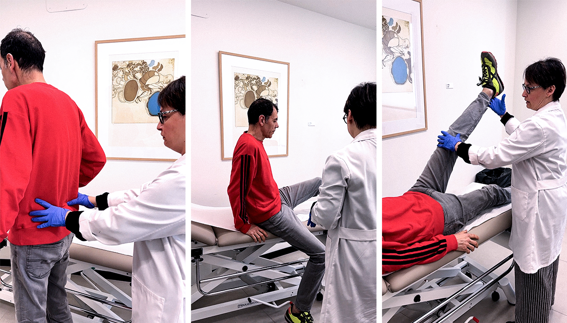Secuencia de tres fotografías en la consulta médica donde una doctora realiza una exploración física completa a un paciente, evaluando su espalda y realizando estiramientos en la camilla para tratar su dolor crónico.